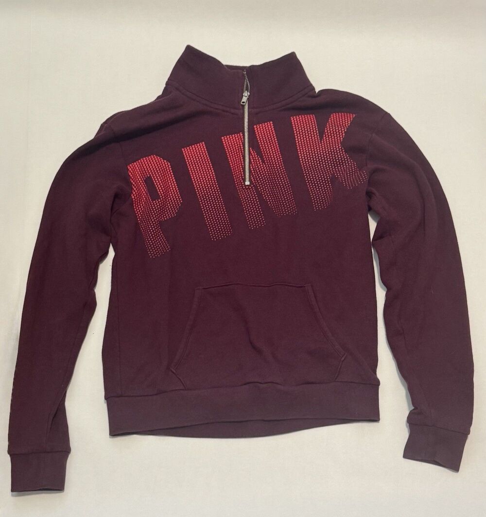PINK Victoria's Secret Maroon Quarter Zip Pullover Big Gradient PINK Logo Size S